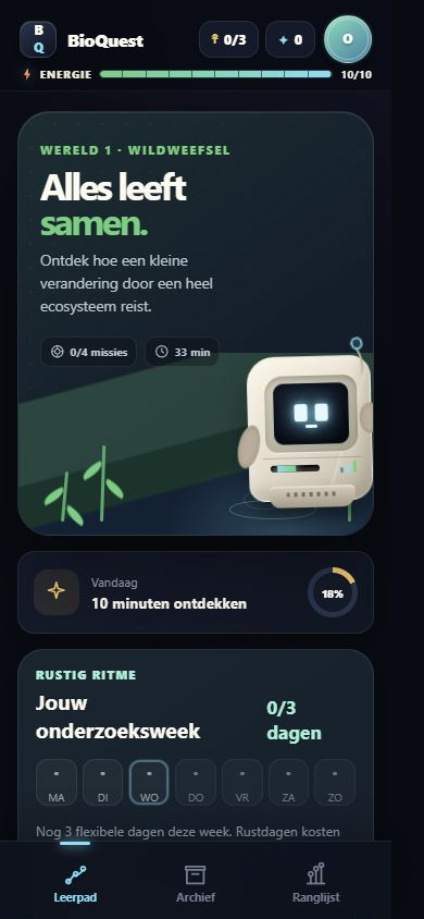Het BioQuest-leerpad met de wereld Wildweefsel en mascotte Vex